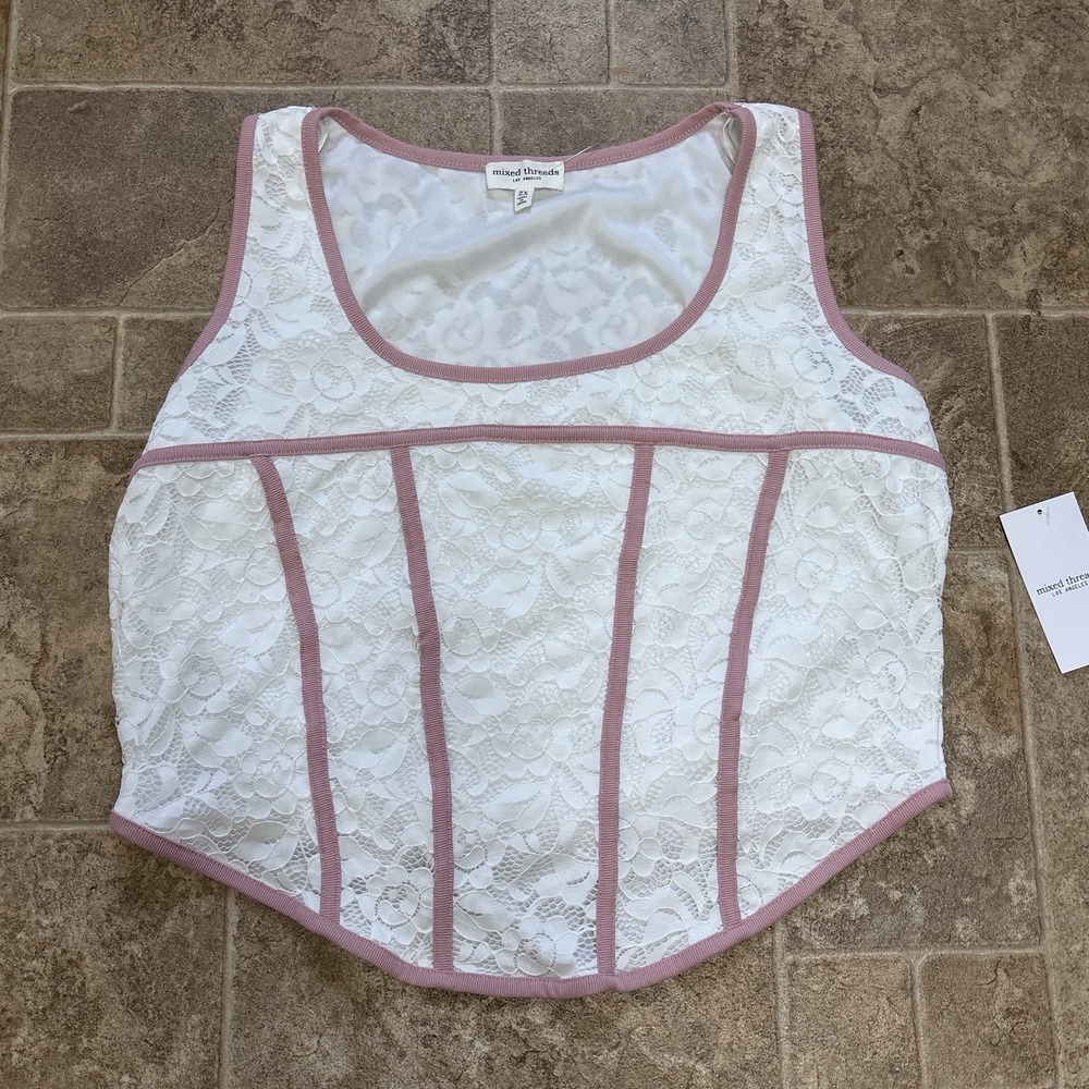 NWT Mixed Threads Corset Style Top Plus Sz 2X White Lace Mauve Renfaire Milkmaid